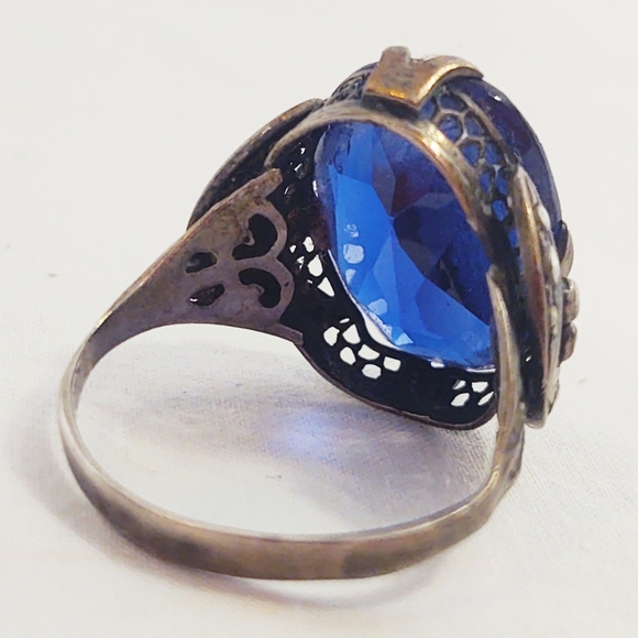 Antique Victorian Sapphire Blue Oversized Sterling Silver Cocktail Ring- Size 9 - Picture 4 of 8